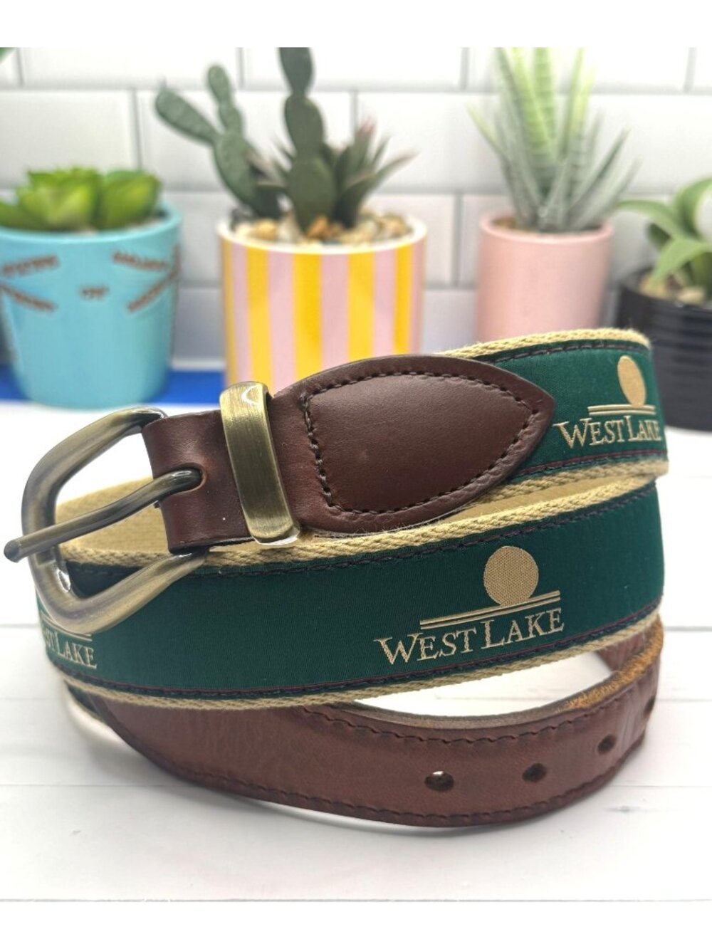 West Lake Canvas & Leather Belt With Brass Buckle 36/90 Green & Brown